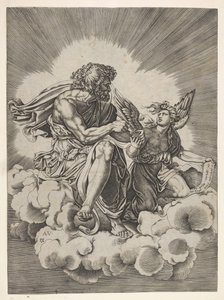 São Mateus, sentado em uma nuvem com as pernas cruzadas e mergulhando uma pena em um tinteiro ..., depois de 1518. de Unbekannt