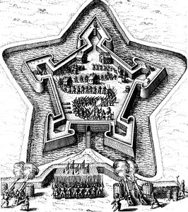 Star Fort defendido por um fosso sob cerco, 1617-1619 de Unbekannt