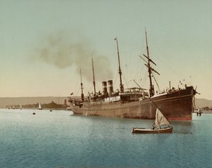 Suez Canal, navio a entrar no Mar Vermelho perto do Porto Tewfic, c.1900 (fotocromo a cores) de Unbekannt