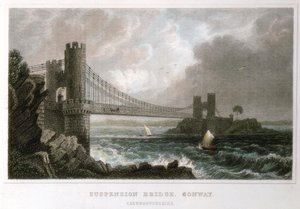 Ponte suspensa sobre o estuário de Conwy, país de Gales, c1840 de Unbekannt