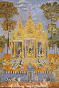 Sylver Pagoda Este mural retrata cenas do Reamker que é o cambojano, ou Khmer, versão do clássico poema hindu Ramayana, Phnom Penh, Camboja. de Unbekannt