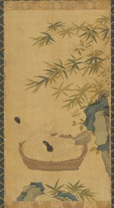 Tapeçaria: pombas tomando banho em tigela, pedras e bambus, Possivelmente dinastia Ming, 1368-1644. de Unbekannt
