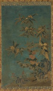 Tapeçaria: árvores frutíferas e malvas, dinastia Ming, 1368-1644. de Unbekannt
