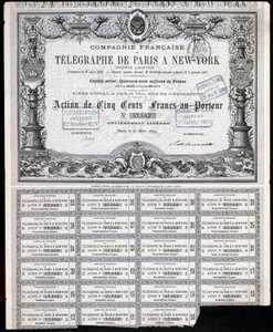 Telegrafia, General Paris-Nova Iorque Telegraph Share Certificate, 27 de Março de 1879 de Unbekannt