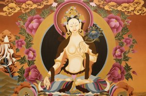 Thangka representando a deusa Tara Branca, símbolo budista de longa vida, Bhaktapur, Nepal