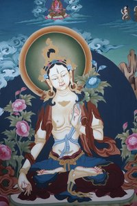 Thangka representando a deusa Tara Branca, símbolo budista de longa vida, Bhaktapur, Nepal