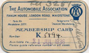 The Automobile Association: Cartão de sócio, 1936 de Unbekannt