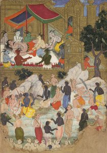 O Despertar de Kumbhakarna na Cidade Dourada de Lanka, Folio de um Ramayana, ca. 1605. de Unbekannt