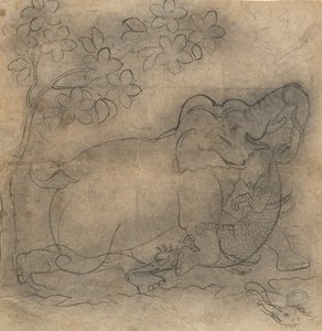 O Rei Elefante Luta com um Crocodilo: Ilustração de uma série Gajendramoksha, no final do século XIX. de Unbekannt