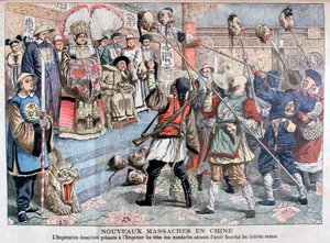 O imperador sendo mostrado chefes de mandarim suspeitos de apoiar os russos, China, 1904 de Unbekannt