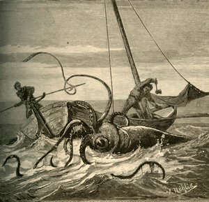 A batalha dos pescadores com a lula gigante, 1881. de Unbekannt