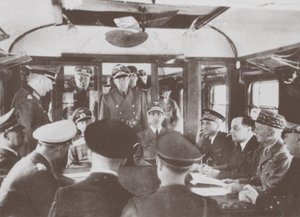 As delegações alemã e francesa dentro de um vagão de trem em Compiègne para a assinatura de Frances sur de Unbekannt