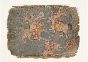 A deusa Durga matando um inimigo, página de um Markandeya Purana disperso..., 1650-60. de Unbekannt