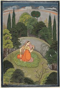 A heroína que espera ansiosamente por seu amante ausente Utka Nayika, c. 1760-1765. de Unbekannt