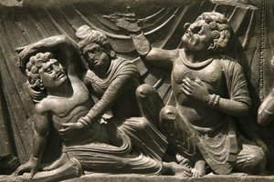 O Museu Victoria e Albert. Parte de um alívio da morte do Buda (parinirvana). 200-400. O período de Kushan. O xisto. Gandhara/Northwest Pakistan. Reino Unido. de Unbekannt