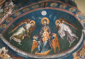 A Virgem Entronizada com Cristo Emmanuel com os Arcanjos Miguel e Gabriel, século XIV de Unbekannt