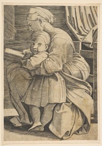 A Virgem lendo com o infante Cristo, mulher sentada de perfil voltada para a esquerda, ..., ca. 1515-1600. de Unbekannt