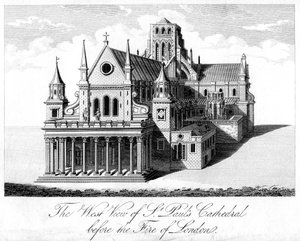 A vista oeste da Catedral de St Pauls antes do incêndio de Londres de Unbekannt