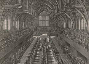 O banquete no Grande Salão do Palácio de Westminster ... coroação de James II em 1685, 1902. de Unbekannt