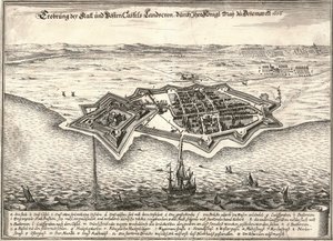 As fortificações de Landskrona, Suécia, capturadas pelos dinamarqueses na Guerra da Scania, 1676 de Unbekannt