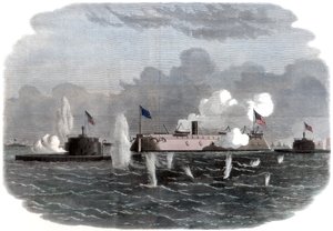 A fragata de ferro, novos ferros e duas baterias da Ericsson entrando em ação em Charleston, 18 de Unbekannt