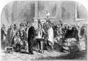 O presidente dos Estados Unidos induzindo as tribos hostis a apertar as mãos, 1858 de Unbekannt
