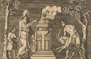 O sacrifício de um carneiro realizado por um homem nu à direita, padre encapuzado à esquerda com um ..., ca. 1515-1600. de Unbekannt