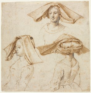 Três estudos de uma mulher usando um cocar elaborado, c. 1500. de Unbekannt