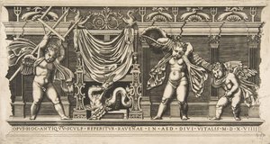 Três cupidos em frente a uma fachada com pilastras, um segurando um tridente e outro ..., ca. 1515-1600. de Unbekannt