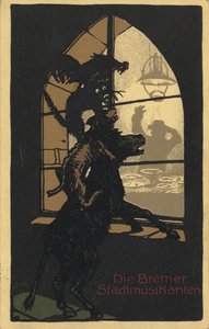 Design do título do livro Músicos da Cidade de Bremen, pelos Irmãos Grimm, década de 10 de Unbekannt