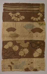 Têxtil Tsujigahana com listras horizontais, plantas com flores, ventiladores, flocos de neve..., ca. final de 16 d.C. de Unbekannt