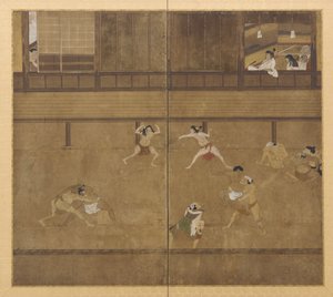 Tela de dois painéis representando lutadores, período Edo, século XVII. de Unbekannt