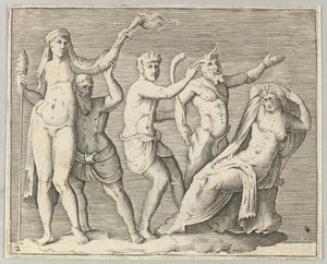 Duas Figuras, um Fauno e um Sátiro se aproximam de uma Mulher Reclinada, publicado ca. 1599-1622. de Unbekannt