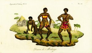 Duas mulheres Mahungo a dançar o semba à música de um tambor esculpido num tronco em Angola de Unbekannt