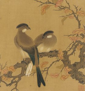 Dois pássaros com crista em um galho, folhas de outono, dinastia Qing, século XVIII. de Unbekannt