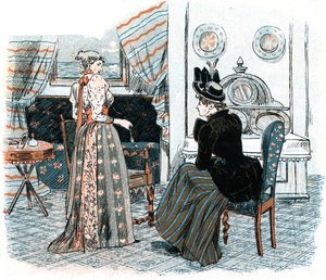 Duas senhoras delicadas conversando em uma sala delicada de Unbekannt