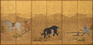 Dois agricultores arando e angustiando um campo de arroz, período Edo, 1615-1868. de Unbekannt