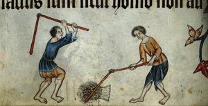 Dois homens debulhando feixe do Saltério de Luttrell, ca 1330 de Unbekannt