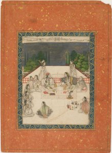 Duas mulheres sentadas em um terraço, cercadas por atendentes e músicos, ca. 1650. de Unbekannt