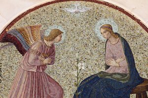Mosaico de Tympanum representando a Anunciação na abadia de Madonna della Scala Benedictine, Noci, Apulia, Noci, Italie de Unbekannt