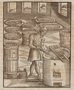 Um homem testa salitre, usado em pólvora e conservação de carne - Gravura de Lazarus Ecker Descrição de Minerais e Principais Métodos de Mineração de Unbekannt