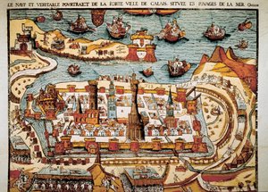 Vista da cidade de Calais em 1538. Xilogravura. de Unbekannt