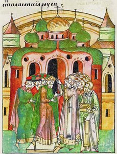 Vladimir Vsevolodovich coroado pelo bispo Neophytos com Monomakhs Cap. Do Compil Iluminado de Unbekannt