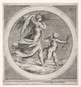 Figura feminina alada, drapejada e carregando um cajado, caminhando atrás de um putto alado..., c. 1550-1600. de Unbekannt