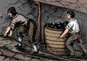 Mulher e menino trabalhando em uma mina de carvão, Bolton, Lancashire, 1848 de Unbekannt