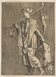 Mulher voltando de uma caçada carregando um javali na mão esquerda e uma vara no r..., c. 1515-1600. de Unbekannt