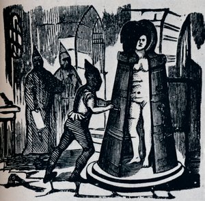 Xilogravura mostrando Geuders Iron Maiden em uma câmara de tortura Ambiente, c1870 de Unbekannt