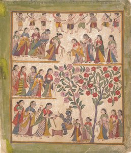 Yashoda liga as mãos de Krishnas: página de um manuscrito disperso do Bhagavata Purana, 1640-50. de Unbekannt