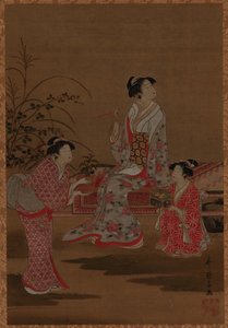 Jovem, com duas atendentes, sentadas em um jardim, período Edo, 1615-1868. de Unbekannt
