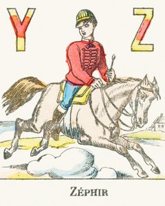 Z: Zephir, um cavaleiro galopando em seu cavalo chamado Zephyr - Games Alphabet, c.1890 (gravura) de Unbekannt